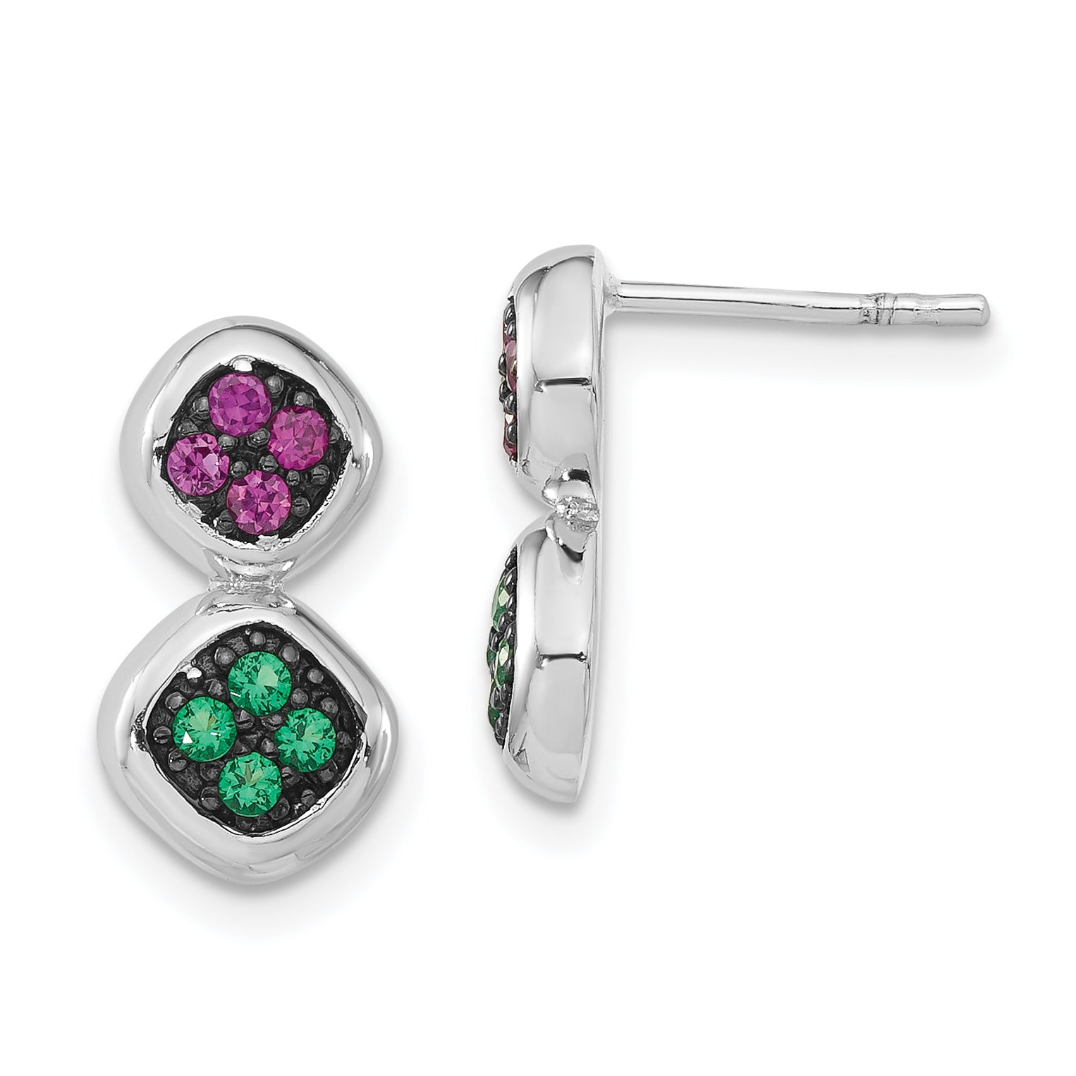 Sterling Silver Black Rhodium Synthetic Ruby & Green Spinel Post Dangle Earrings