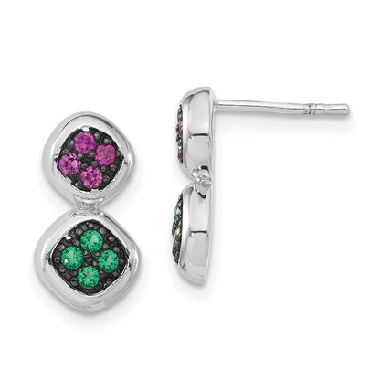 Sterling Silver Black Rhodium Synthetic Ruby & Green Spinel Post Dangle Earrings