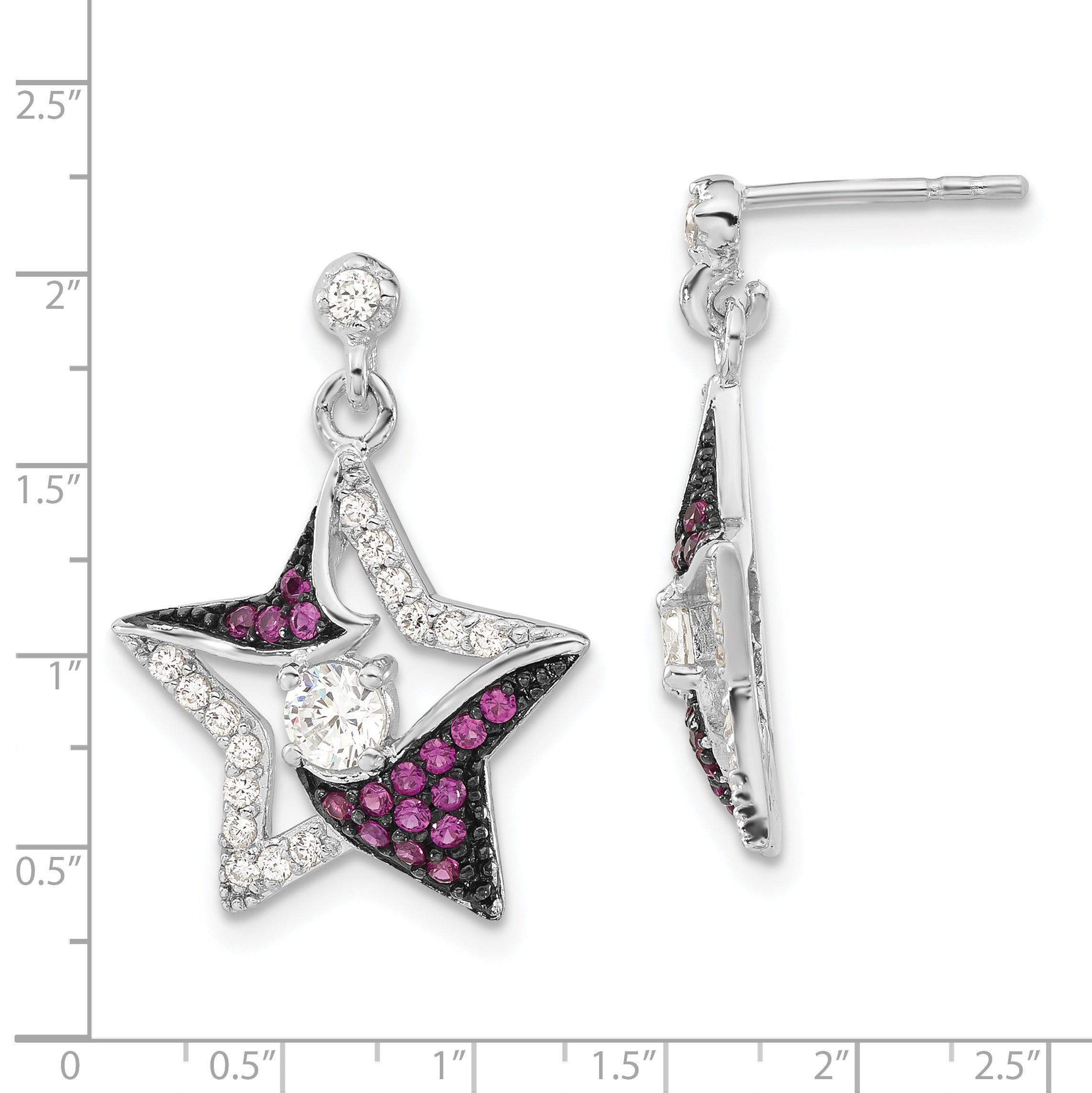 Sterling Silver W/ Black Rhodium Syn. Ruby & Cz Star Post Dangle Earrings