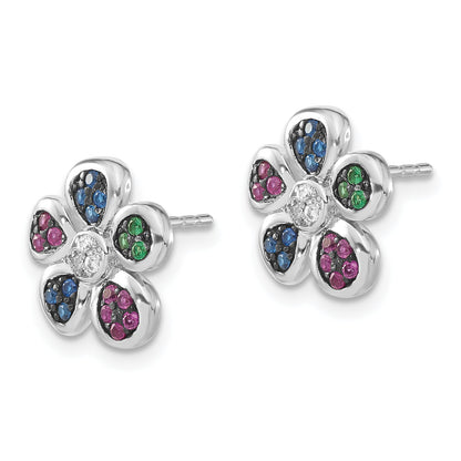 Sterling Silver W/ Black Rhodium Synthetic Ruby, Spinel & Cz Flower Post Earrings