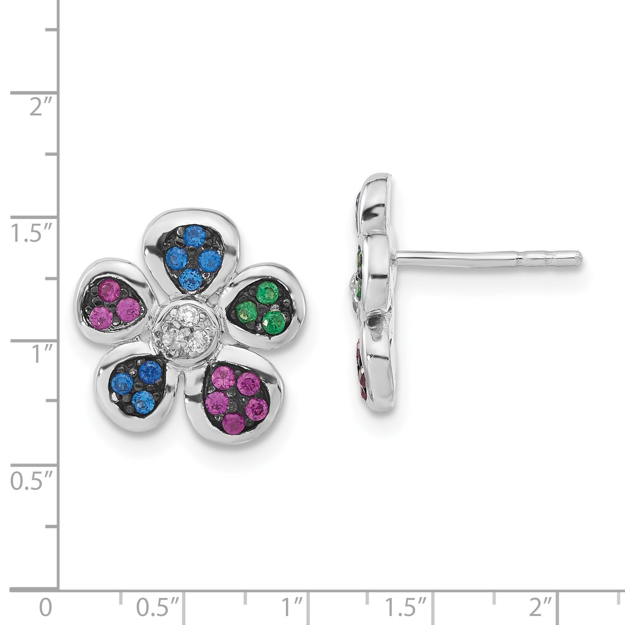 Sterling Silver W/ Black Rhodium Synthetic Ruby, Spinel & Cz Flower Post Earrings