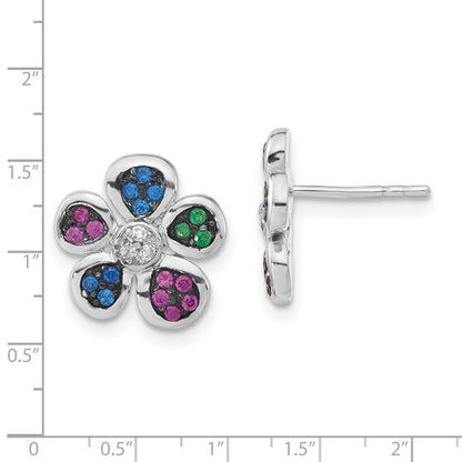 Sterling Silver W/ Black Rhodium Synthetic Ruby, Spinel & Cz Flower Post Earrings