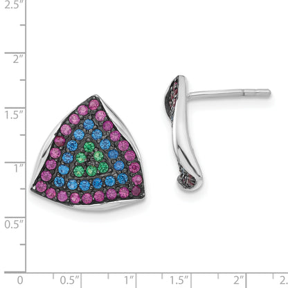 Sterling Silver W/ Black Rhodium Synthetic Spinel & Ruby Triangle Post Earrings