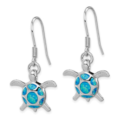 Sterling Silver Rhodium-Plated Polished Created Blue Opal Turtle Shepherd Hook Earrings