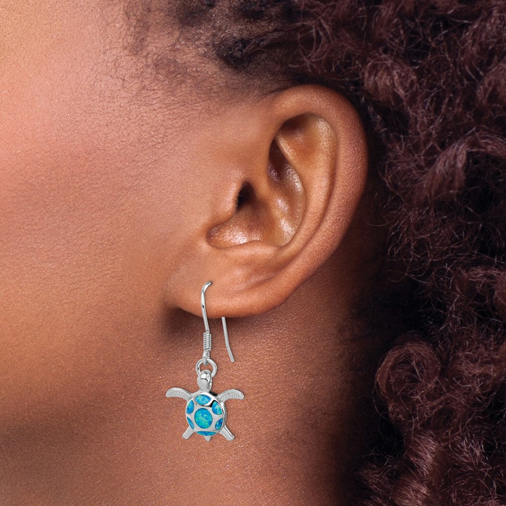 Sterling Silver Rhodium-Plated Polished Created Blue Opal Turtle Shepherd Hook Earrings