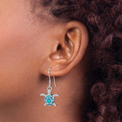 Sterling Silver Rhodium-Plated Polished Created Blue Opal Turtle Shepherd Hook Earrings