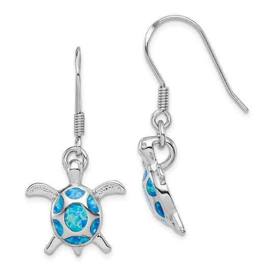 Sterling Silver Rhodium-Plated Polished Created Blue Opal Turtle Shepherd Hook Earrings