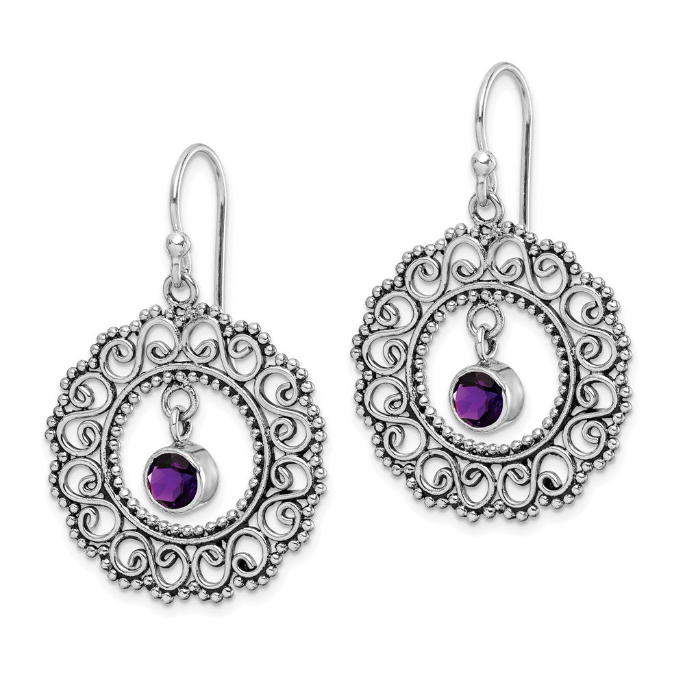 Sterling Silver Rhodium-Plated Antiqued Filigree Amethyst Dangle Earrings