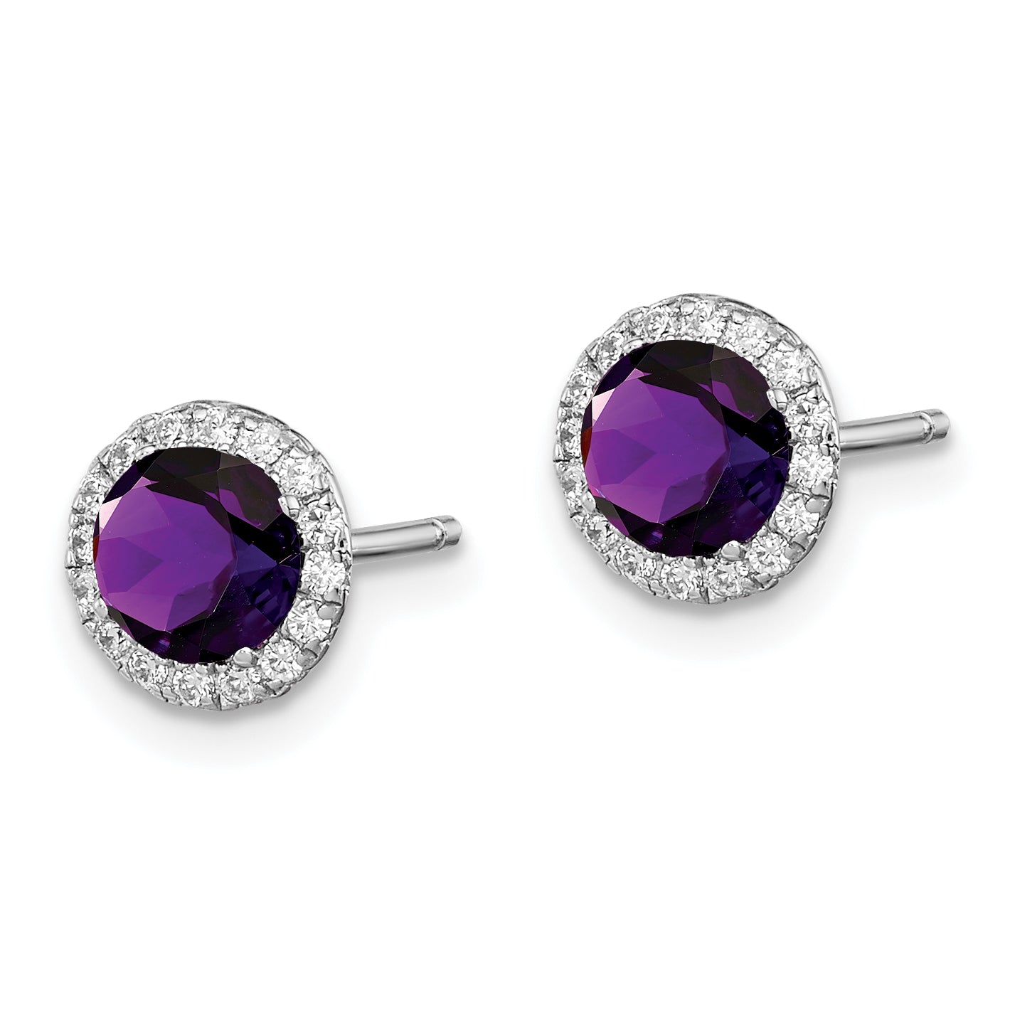 Sterling Silver Rhodium-Plated Amethyst And Cz Post Earrings