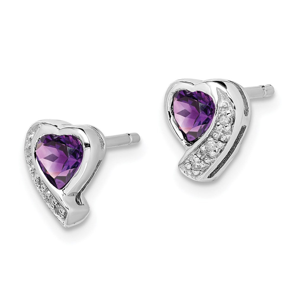 Sterling Silver Rhodium-Plated Amethyst And Diamond Heart Earrings