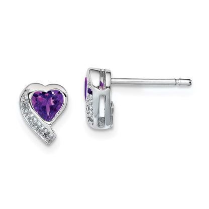 Sterling Silver Rhodium-Plated Amethyst And Diamond Heart Earrings
