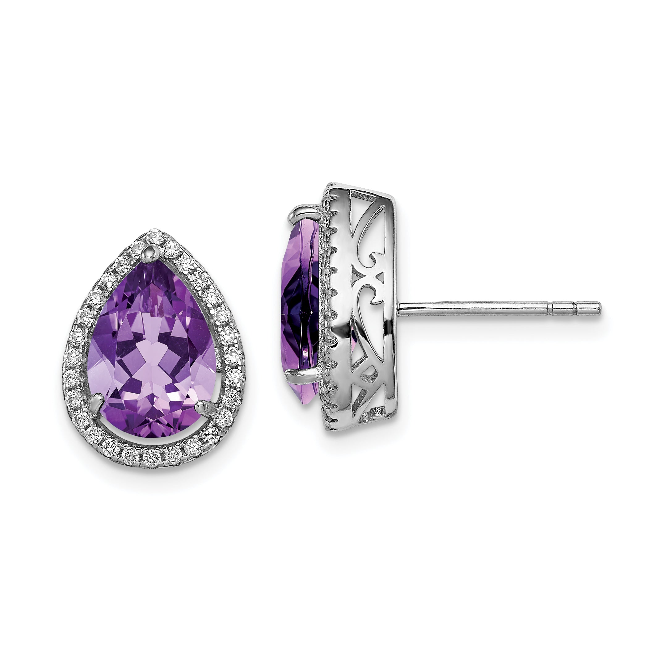 Sterling Silver Rhodium Polished Amethyst & Cz Post Earrings