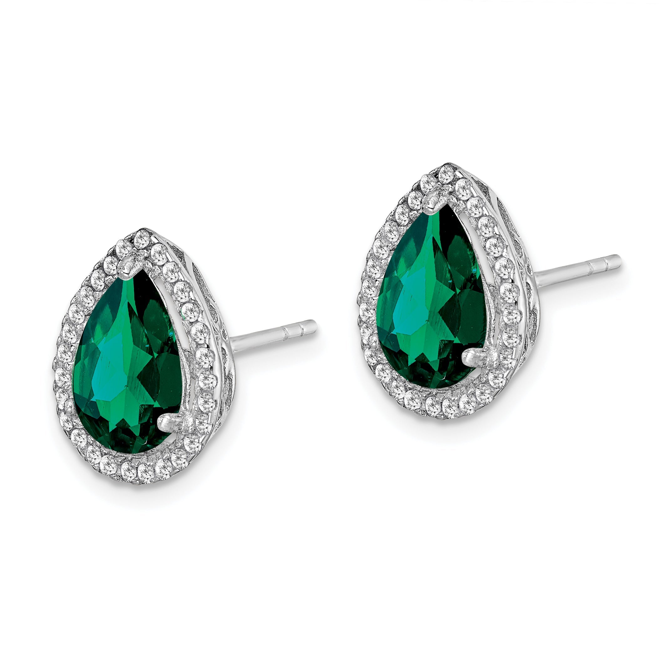 Sterling Silver Rhodium Simulated Emerald & Cz Post Earrings