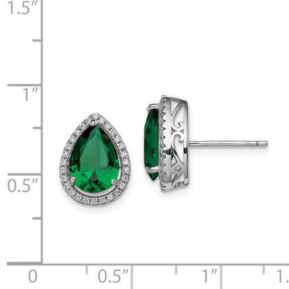 Sterling Silver Rhodium Simulated Emerald & Cz Post Earrings
