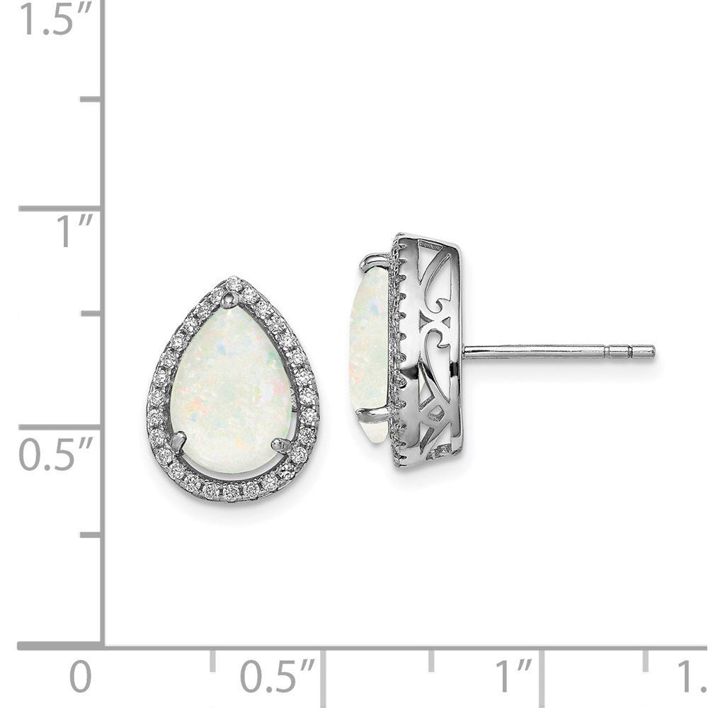 Sterling Silver Rhodium Polished Simulated Opal & Cz Post Earrings