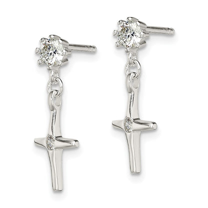 Sterling Silver Polished Cz Cross Post Dangle Earrings