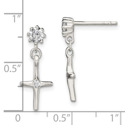 Sterling Silver Polished Cz Cross Post Dangle Earrings