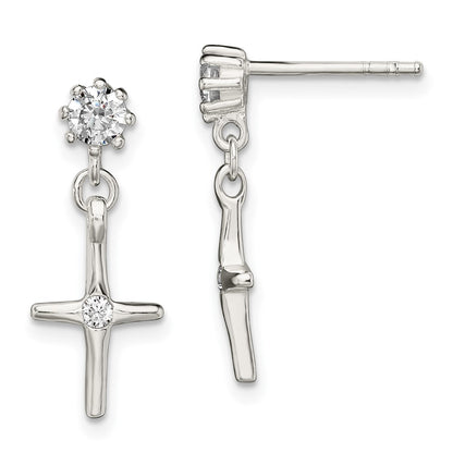 Sterling Silver Polished Cz Cross Post Dangle Earrings