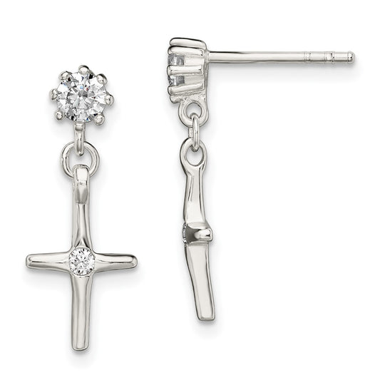 Sterling Silver Polished Cz Cross Post Dangle Earrings