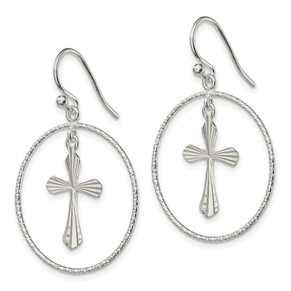 Sterling Silver Polished & Diamond-Cut Cross Circle Dangle Earrings