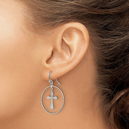 Sterling Silver Polished & Diamond-Cut Cross Circle Dangle Earrings