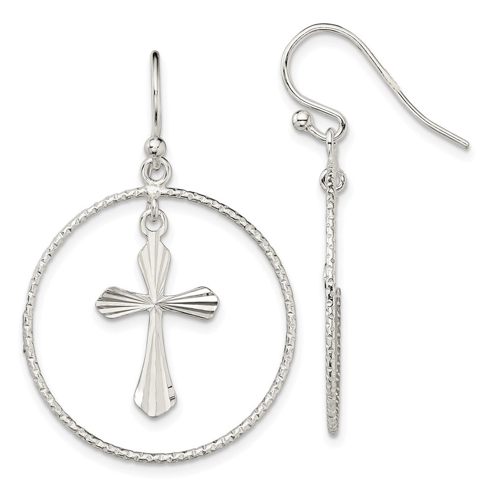 Sterling Silver Polished & Diamond-Cut Cross Circle Dangle Earrings
