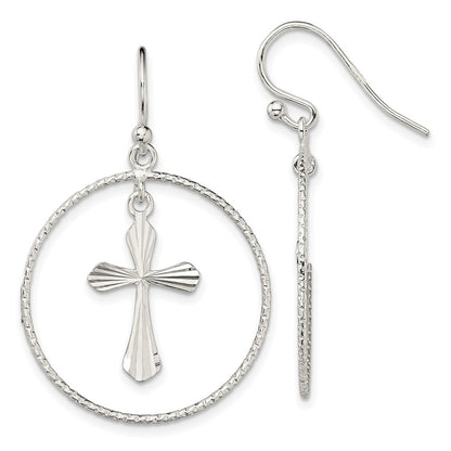Sterling Silver Polished & Diamond-Cut Cross Circle Dangle Earrings