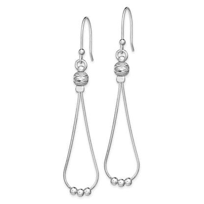 Sterling Silver Rh-Plated Diamond-Cut Beaded Teardrop Chain Dangle Earrings