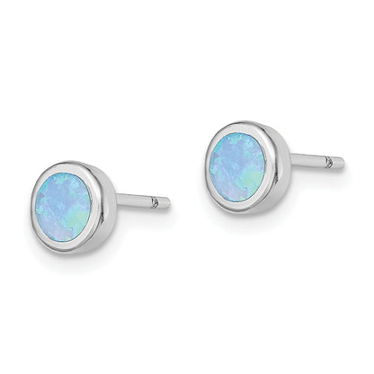 Sterling Silver Rh-Plated Polished Blue Created Opal Round Stud Earrings