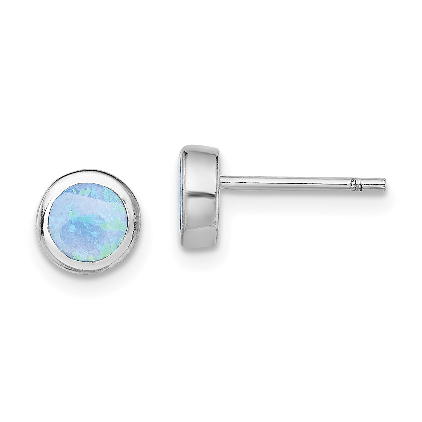 Sterling Silver Rh-Plated Polished Blue Created Opal Round Stud Earrings