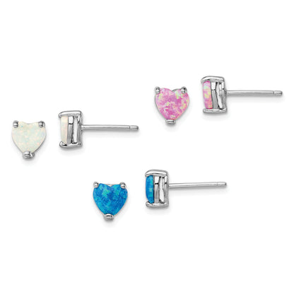 Sterling Silver Rhodium-Plated Created Opal Set Of 3 Heart Earrings