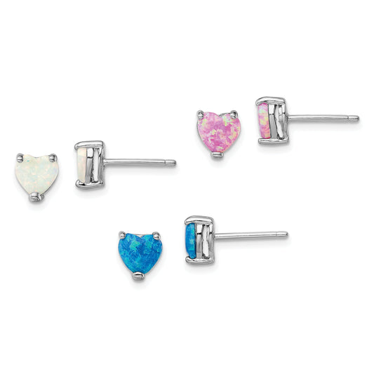 Sterling Silver Rhodium-Plated Created Opal Set Of 3 Heart Earrings