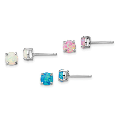 Sterling Silver Rhodium-Plated White/Pink/Blue Cr. Opal Set/3 Earrings