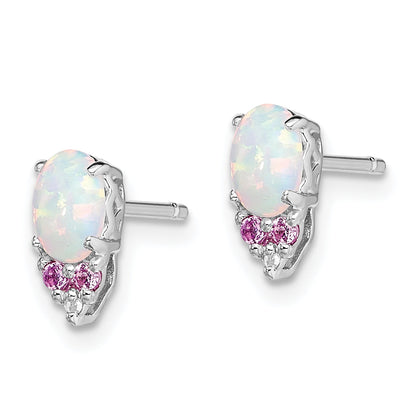 Sterling Silver Rh Plated Diamond Cr.Pink Sapp And Simulated Opal Earrings