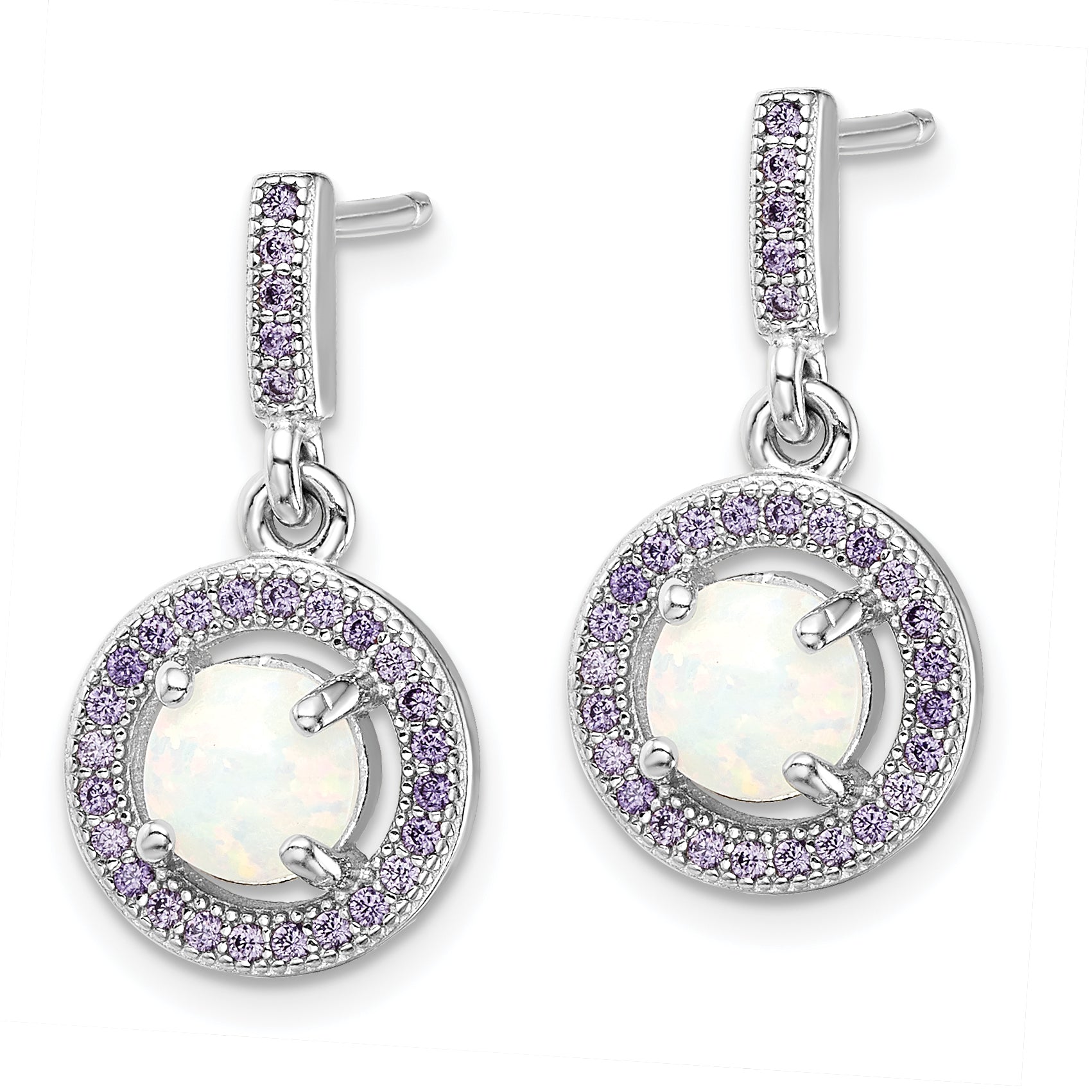 Sterling Silver Rhodium-Plated Created Opal And Purple Cz Post Earrings