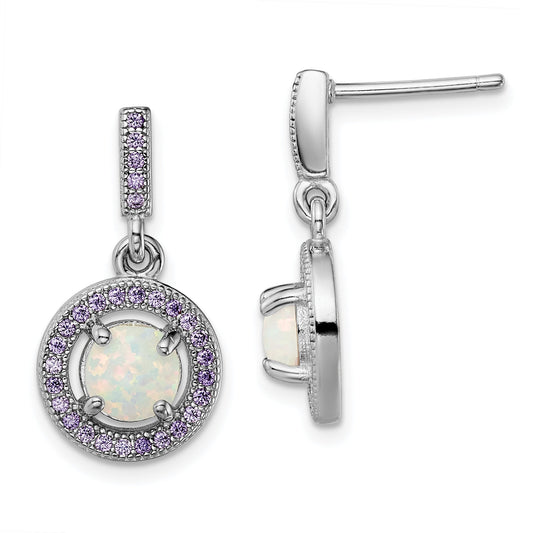 Sterling Silver Rhodium-Plated Created Opal And Purple Cz Post Earrings