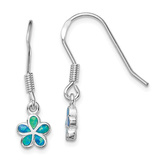 Sterling Silver Rhodium-Plated Blue Created Opal Flower Earrings