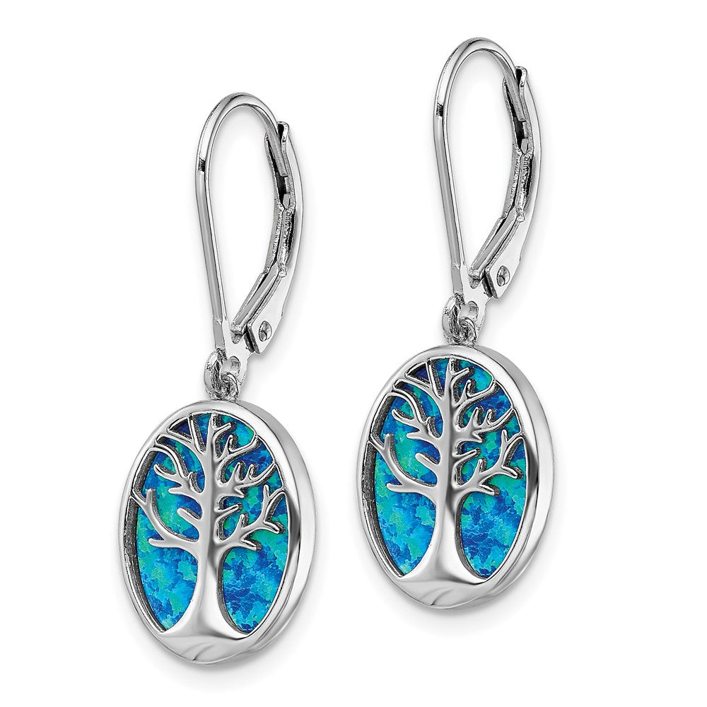 Sterling Silver Rhod-Plated Creat Opal Tree Of Life Leverback Earrings