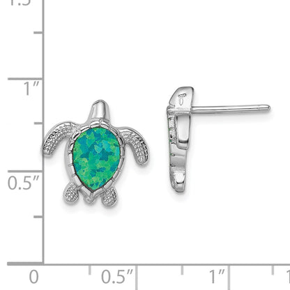 Sterling Silver Rhodium-Plated Polished Green Created Opal Turtle Post Earrings