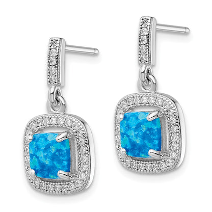 Sterling Silver Rhodium-Plated Blue Created Opal Cz Post Earrings