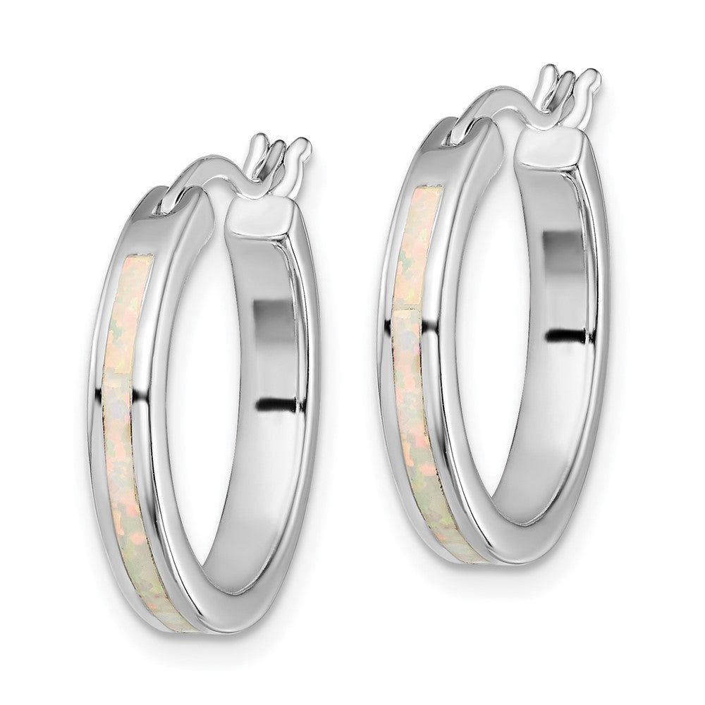Sterling Silver Rhodium-Plated Created Opal Inlay Round Hoop Earrings