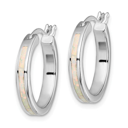 Sterling Silver Rhodium-Plated Created Opal Inlay Round Hoop Earrings
