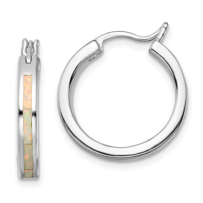 Sterling Silver Rhodium-Plated Created Opal Inlay Round Hoop Earrings
