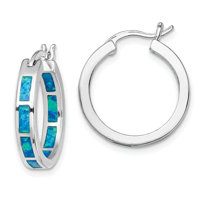 Sterling Silver Rhodium-Plated Blue Cr. Opal In/Out Round Hoop Earrings