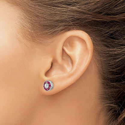 Sterling Silver Rhodium-Plated Cz /Created Ruby Halo Post Earrings