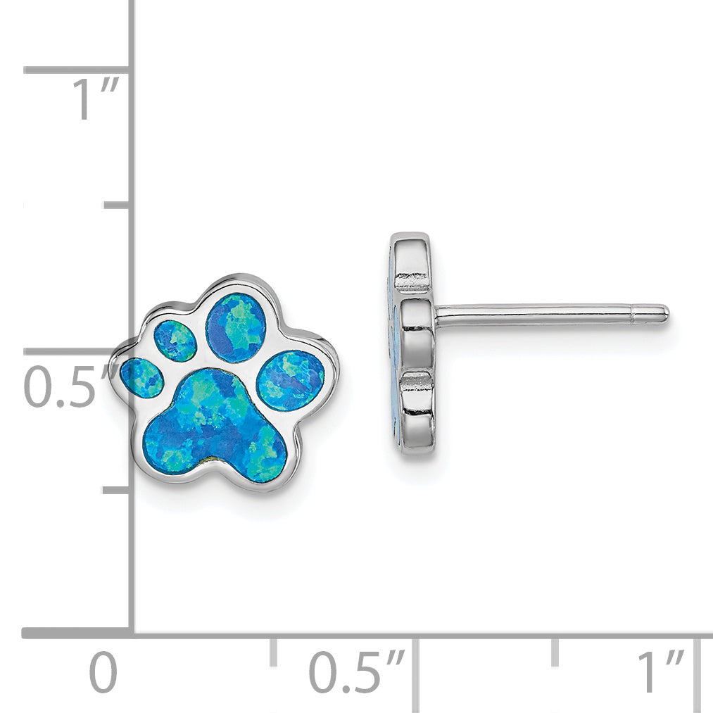 Sterling Silver Rhod-Plated Creat Blue Opal Paw Print Post Earrings