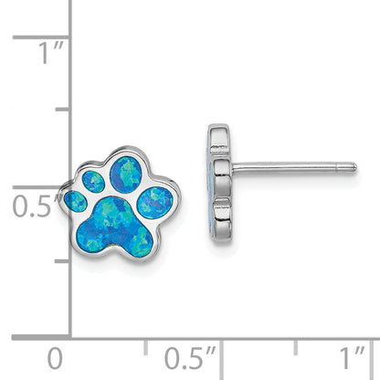 Sterling Silver Rhod-Plated Creat Blue Opal Paw Print Post Earrings