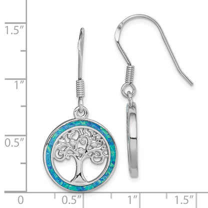 Sterling Silver Rhodium-Plated Creat Blue Opal W/ Tree Dangle Earrings