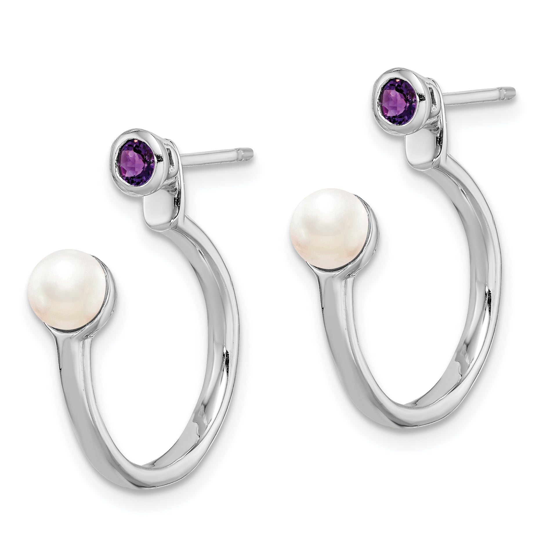 Sterling Silver Rhodium-Plate Fwc Pearl & Amethyst Front Back Earrings