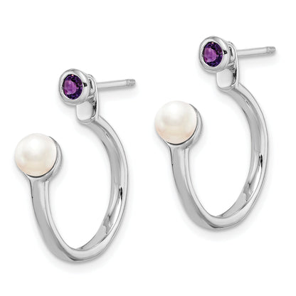 Sterling Silver Rhodium-Plate Fwc Pearl & Amethyst Front Back Earrings